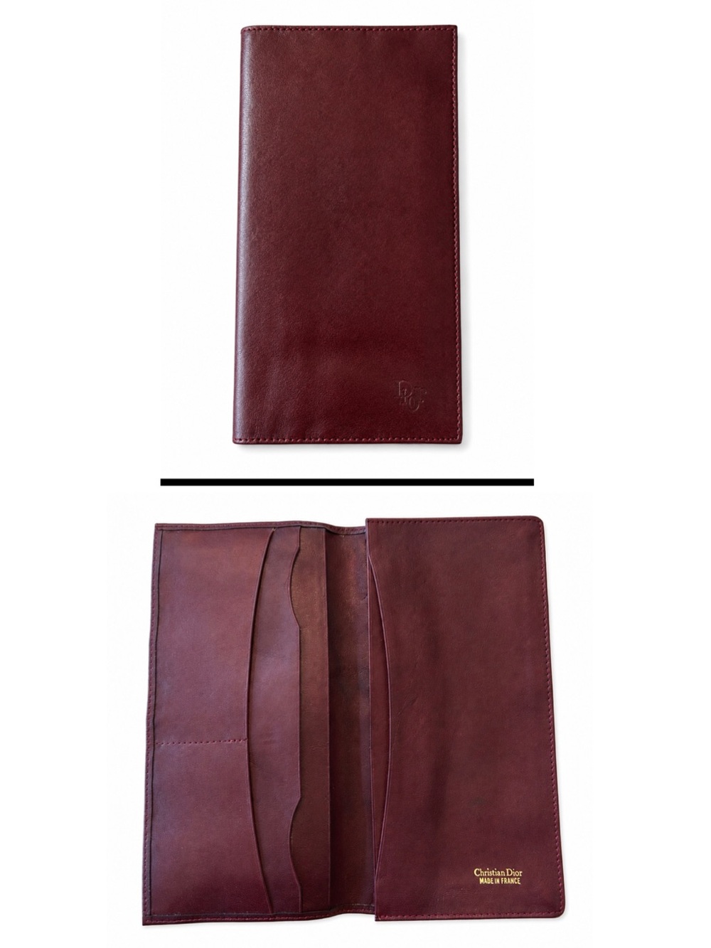 Vintage Christian Dior CD Logo Burgundy Leather Long Wallet Made in France
